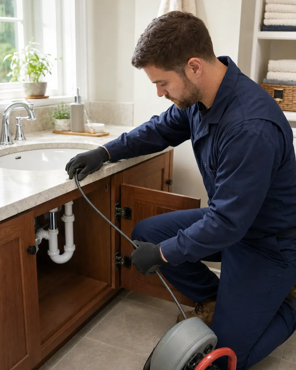 Plumber in navy workwear uses a drain-cleaning cable beneath a bathroom sink.
