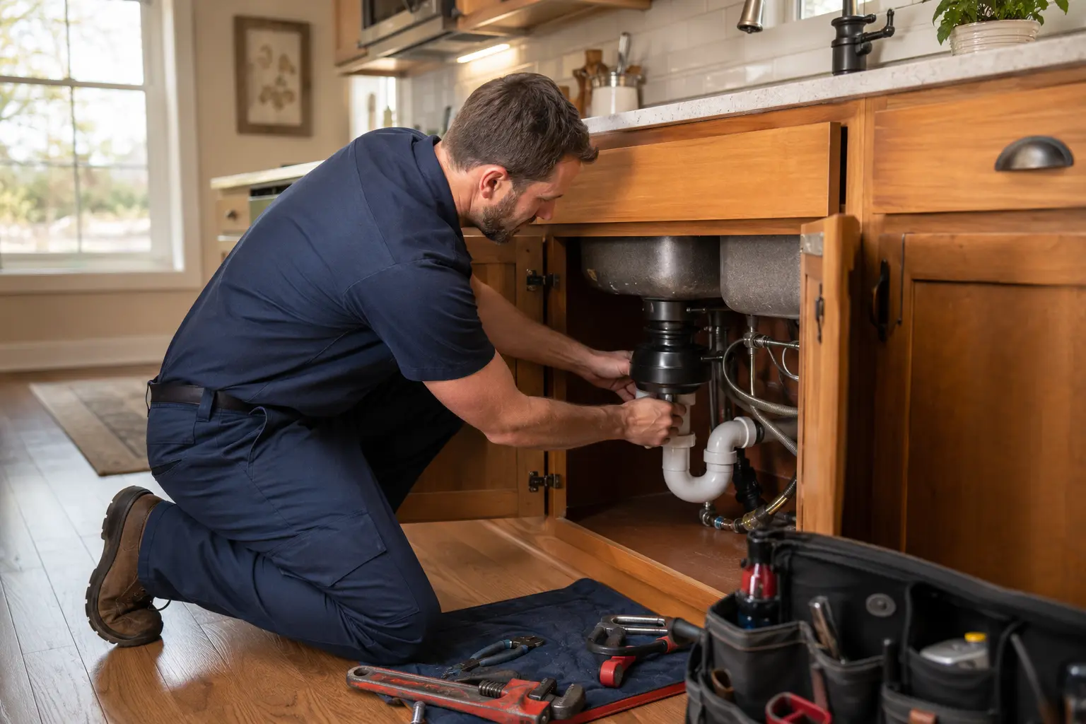 Residential plumber repairing pipes beneath a kitchen sink in a bright Tri-Cities home. Plumber serving Johnson City TN and the Tri-Cities