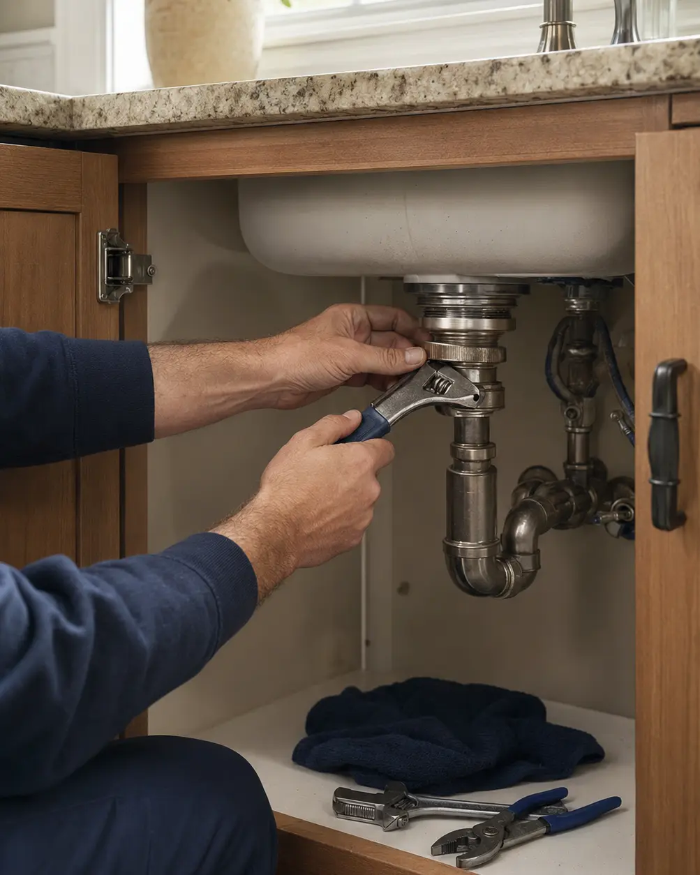 Plumber in navy workwear tightening the drain connection beneath a residential kitchen sink.