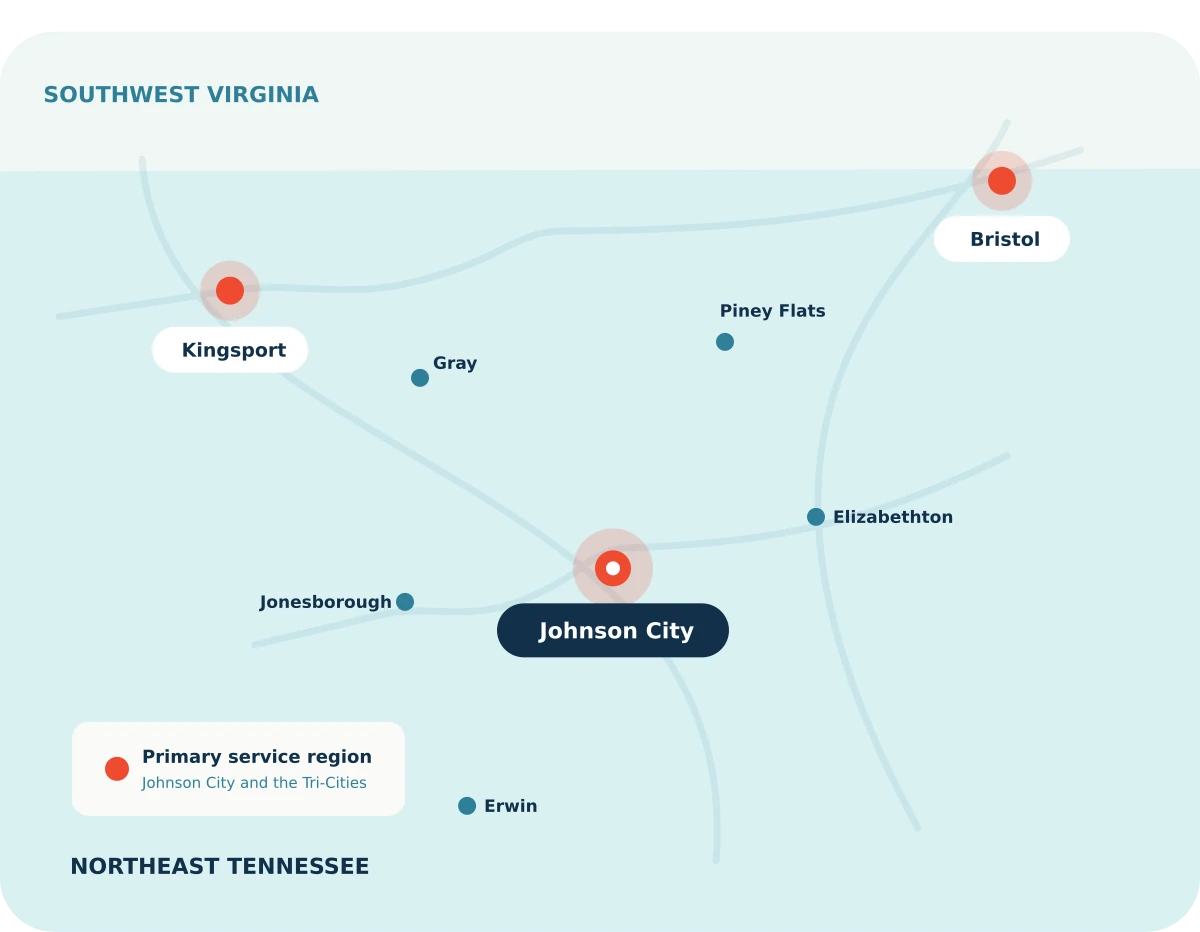 Map highlighting Johnson City, Kingsport, Bristol, and nearby Northeast Tennessee plumbing service areas.