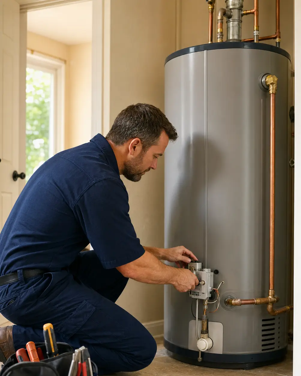 Plumber in navy workwear servicing the controls on a modern residential water heater.